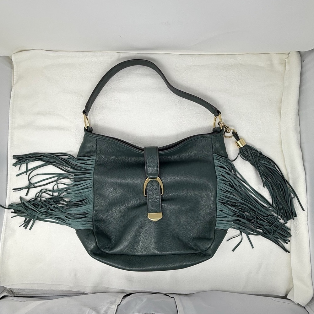 Gilli Genuine Leather Fringe Shoulder Bag – Green Hobo Tote with Tassel Detail - Picture 10 of 16